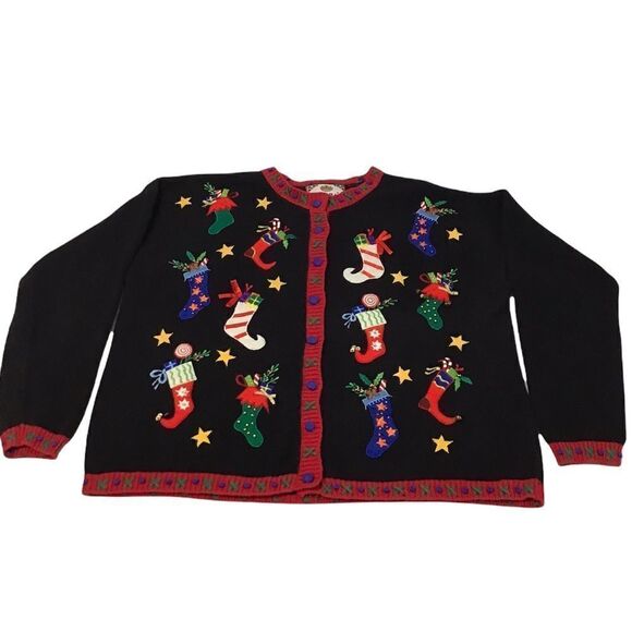 Tiara International Christmas Cardigan Sweater Size XL Holiday Sweater Stockings - Picture 1 of 15